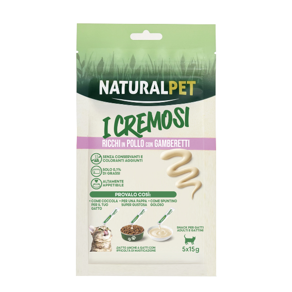 NaturalPet i Cremosi snack per gatti adulti e gattini 75 gr (5x15 gr) - Pollo e gamberetti - 1° ORDINE? scegli lo sconto BZR5 / BZR20 + 200 punti fedeltà