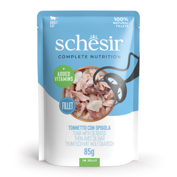 Schesir Cat Soft Adult filetti in gelatina alimento completo bustine 85 gr - Tonnetto con Spigola - Confezione da 12 pezzi - Cibo umido per gatti - 1° ORDINE? scegli lo sconto BZR5 / BZR20 + 200 punti fedeltà
