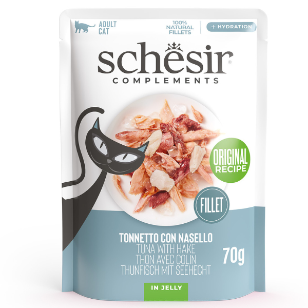 Schesir Cat Soft Adult filetti in gelatina alimento complementare bustine 70 gr - Tonnetto e Nasello - Confezione da 12 pezzi - Cibo umido per gatti - 1° ORDINE? scegli lo sconto BZR5 / BZR20 + 200 punti fedeltà