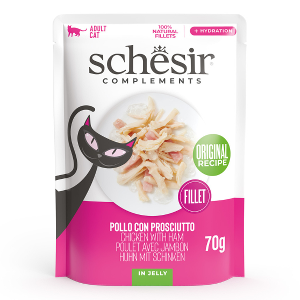 Image of Schesir Cat Soft Adult filetti in gelatina alimento complementare bustine 70 gr - Filetti di Pollo con Prosciutto - Confezione da 20 pezzi - Cibo umido per gatti - 1° ORDINE? scegli lo sconto BZR5 / BZR20 + 200 punti fedeltà010