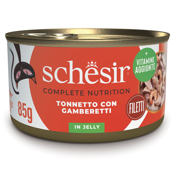 Schesir Cat Soft Adult filetti in gelatina alimento completo lattina 85 gr - Tonnetto con Gamberetti - Confezione da 6 pezzi - Cibo umido per gatti - 20% di sconto su Schesir. Codice: SCHESIR20