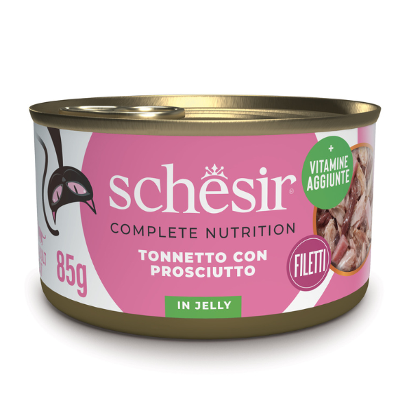 Schesir Cat Soft Adult filetti in gelatina alimento completo lattina 85 gr - Tonnetto con Prosciutto - Confezione da 6 pezzi - Cibo umido per gatti