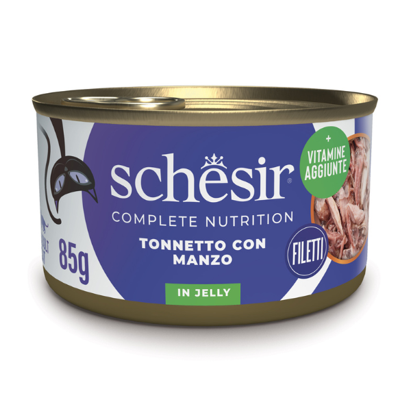Schesir Cat Soft Adult filetti in gelatina alimento completo lattina 85 gr - Tonnetto con Manzo - Confezione da 6 pezzi - Cibo umido per gatti