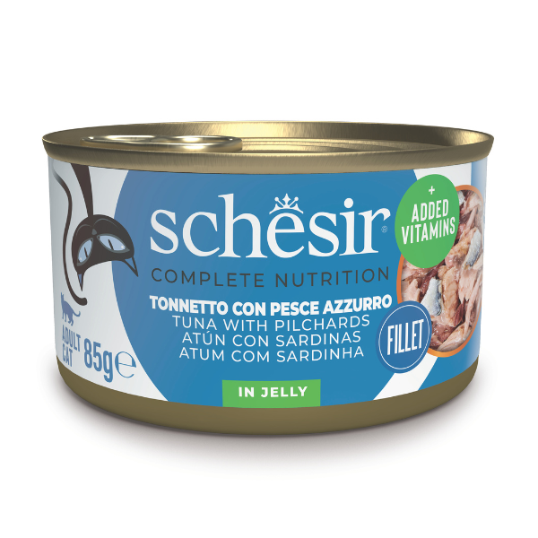 Schesir Cat Soft Adult filetti in gelatina alimento completo lattina 85 gr - Tonnetto e Pesce Azzurro - Confezione da 6 pezzi - Cibo umido per gatti