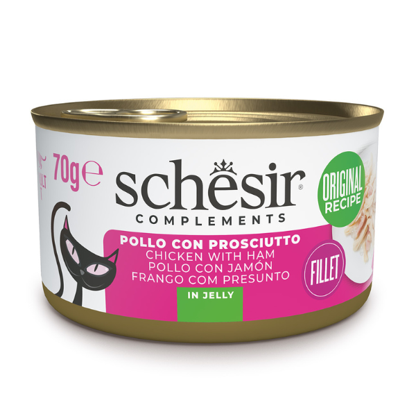 Image of Schesir Cat Soft Adult filetti in gelatina alimento complementare lattina 70 gr - Filetti di Pollo con Prosciutto - Confezione da 6 pezzi - Cibo umido per gatti - 1° ORDINE? scegli lo sconto BZR5 / BZR20 + 200 punti fedeltà010