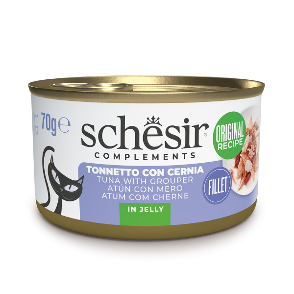 Schesir Cat Soft Adult filetti in gelatina alimento complementare lattina 70 gr - Tonnetto con Cernia - Confezione da 6 pezzi - Cibo umido per gatti - 1° ORDINE? scegli lo sconto BZR5 / BZR20 + 200 punti fedeltà