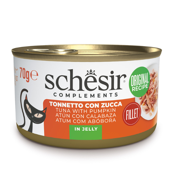 Schesir Cat Soft Adult filetti in gelatina alimento complementare lattina 70 gr - Tonnetto e Zucca - Confezione da 6 pezzi - Cibo umido per gatti