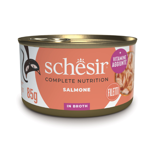 Schesir Cat Adult acqua di cottura al Naturale lattina 85 gr - Salmone - Confezione da 6 pezzi - Cibo umido per gatti