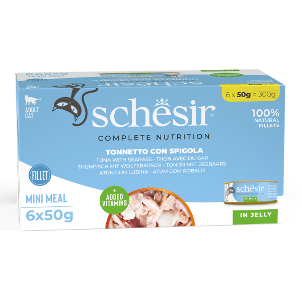 Schesir Cat Soft Adult filetti in gelatina alimento completo lattina Multipack 6x50 gr - Tonnetto con Spigola - 15% DI SCONTO CON CODICE BLACK15