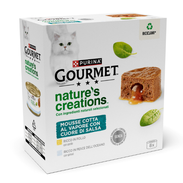 Gourmet Nature's Creation Cat Mousse Cuore di salsa 8x85 gr - 4x Pesce dell'Oceano - 4x Pollo - 1° ORDINE? scegli lo sconto BZR5 / BZR20 + 200 punti fedeltà