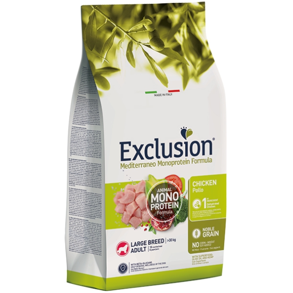 Exclusion Mediterraneo Adult Large Breed Pollo - 12 Kg - Croccantini per cani - 1° ORDINE? scegli lo sconto BZR5 / BZR20 + 200 punti fedeltà
