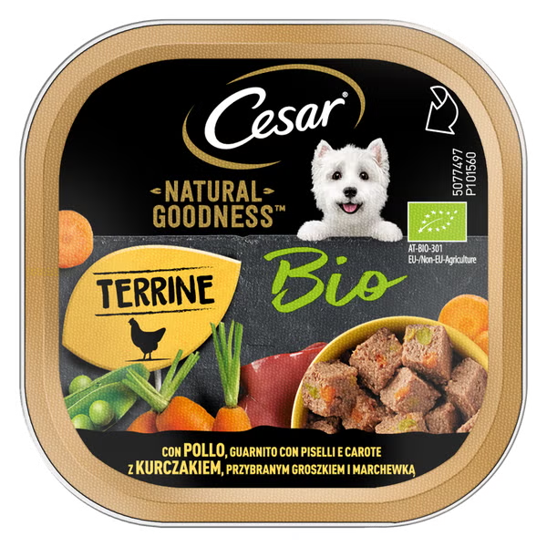Cesar Dog Natural Goodness Terrine Bio 100 gr - Pollo, guarnito con piselli e carote - Cibo Umido per Cani - 1° ORDINE? scegli lo sconto BZR5 / BZR20 + 200 punti fedeltà