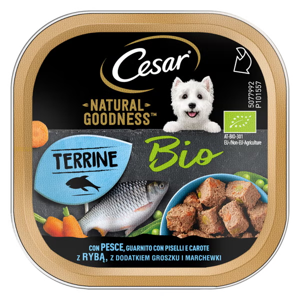 Cesar Dog Natural Goodness Terrine Bio 100 gr - Pesce, guarnito con piselli e carote - Cibo Umido per Cani - 1° ORDINE? scegli lo sconto BZR5 / BZR20 + 200 punti fedeltà