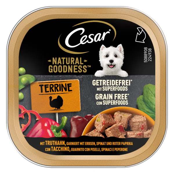 Cesar Dog Natural Goodness Terrine Grain Free con superfood 100 gr - Tacchino, guarnito con piselli, spinaci e peperone - Cibo Umido per Cani - 1° ORDINE? scegli lo sconto BZR5 / BZR20 + 200 punti fedeltà