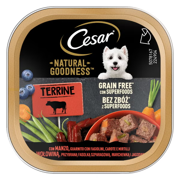 Cesar Dog Natural Goodness Terrine Grain Free con superfood 100 gr - Manzo, guarnito con fagiolini, carote e mirtilli - Cibo Umido per Cani - 1° ORDINE? scegli lo sconto BZR5 / BZR20 + 200 punti fedeltà