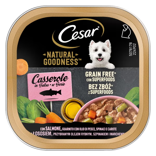 Cesar Dog Natural Goodness Casserole in salsa Grain Free 100 gr - Salmone, guarnito con olio di pesce, spinaci e carote - Cibo Umido per Cani - 1° ORDINE? scegli lo sconto BZR5 / BZR20 + 200 punti fedeltà