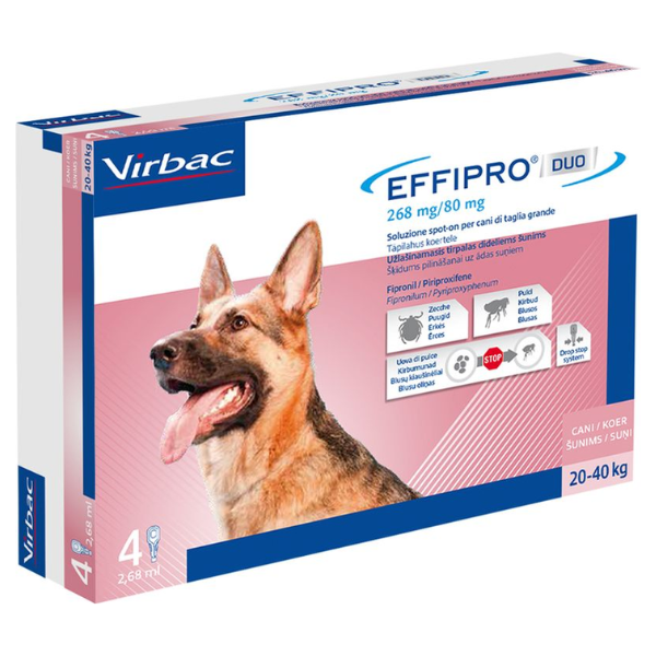 Virbac Effipro Duo Spot-On antiparassitario spot-on Cani - 4 pipette per cani da 20 a 40 kg - Antiparassitario per cani - SPEDIZIONE GRATIS 1° ORDINE + scegli lo sconto BZR5 / BZR20