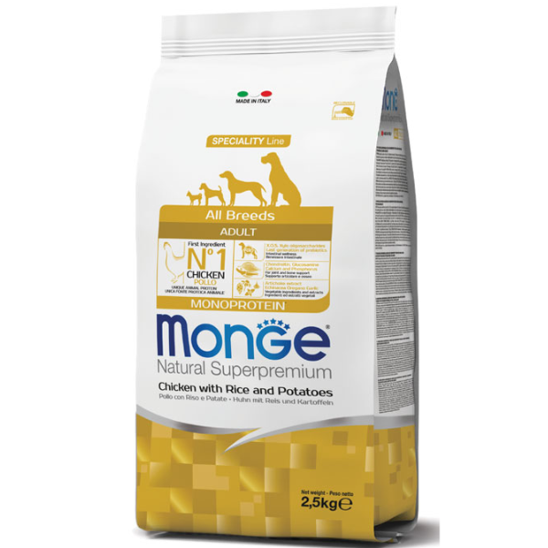 Monge Natural Superpremium All Breeds Adult Monoprotein Pollo con Riso e Patate - 2,5 kg - Crocchette Monoproteiche Cane - SPEDIZIONE GRATIS 1° ORDINE + scegli lo sconto BZR5 / BZR20