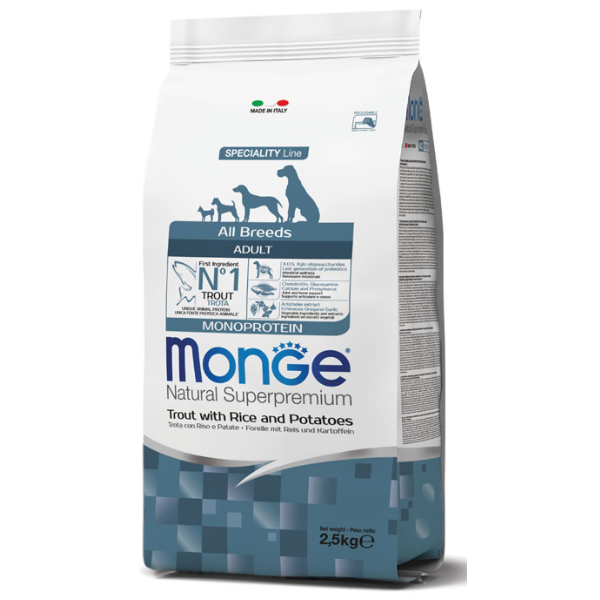 Monge Natural Superpremium All Breeds Adult Monoprotein Trota con riso e patate - 2,5kg - Crocchette Monoproteiche Cane - SPEDIZIONE GRATIS 1° ORDINE + scegli lo sconto BZR5 / BZR20