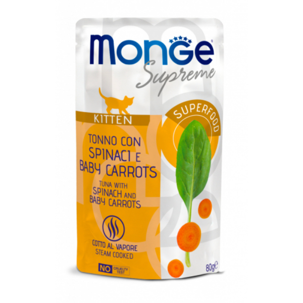 Monge Supreme Kitten in salsa bustina da 80 gr - tonno con spinaci - SPEDIZIONE GRATIS 1° ORDINE + scegli lo sconto BZR5 / BZR20