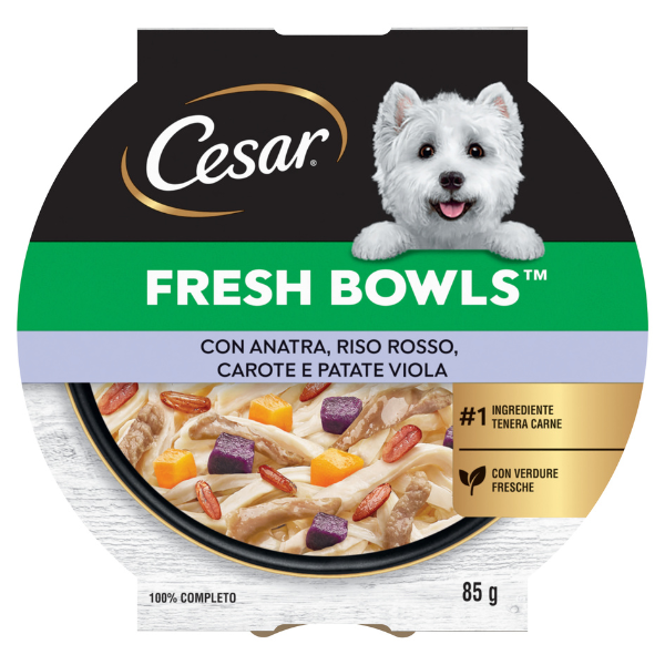 Cesar Fresh Bowls alimento completo per cani di piccola taglia 85 gr - Anatra, riso rosso, carote e patate viola - Cibo Umido per Cani - SPEDIZIONE GRATIS 1° ORDINE + scegli lo sconto BZR5 / BZR20