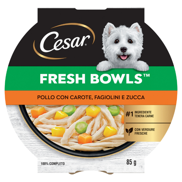 Cesar Fresh Bowls alimento completo per cani di piccola taglia 85 gr - Pollo con carote, fagiolini e zucca - Cibo Umido per Cani - SPEDIZIONE GRATIS 1° ORDINE + scegli lo sconto BZR5 / BZR20