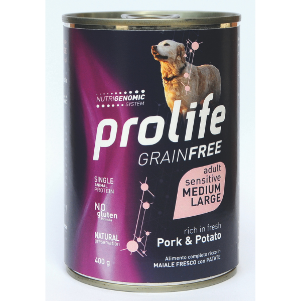 Image of Prolife Dog Sensitive Grain Free 400 gr - Maiale e Patate Confezione da 6 pezzi Monoproteico crocchette cani Cibo Umido per Cani