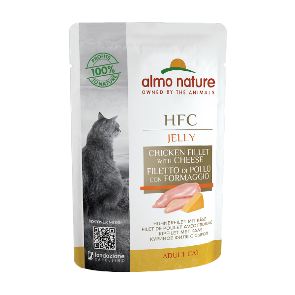 Image of Almo Nature HFC Jelly Adult 55 gr - Pollo e Formaggio Confezione da 24 pezzi Cibo umido per gatti