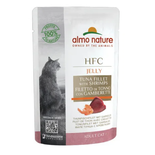 Image of Almo Nature HFC Jelly Adult 55 gr - Tonno e Gamberetti Confezione da 24 pezzi Cibo umido per gatti