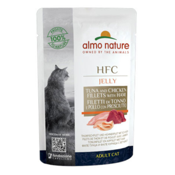 Image of Almo Nature HFC Jelly Adult 55 gr - Tonno, Pollo e Prosciutto Confezione da 24 pezzi Cibo umido per gatti