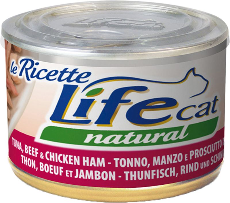 Image of Life Cat Natural Le Ricette 150 gr - Tonnetto con Manzo e Prosciutto Confezione da 6 pezzi Cibo umido per gatti