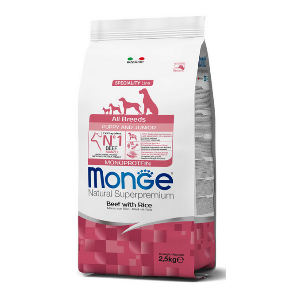 Image of Monge Natural Superpremium All Breeds Puppy & Junior Monoprotein Manzo con Riso - 2, 5 kg Croccantini per cani Monoproteico crocchette cani