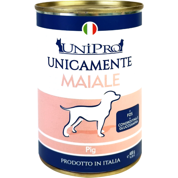 Image of Unipro Unicamente Dog Adult 400 gr - Maiale Confezione da 6 pezzi Monoproteico crocchette cani Cibo Umido per Cani