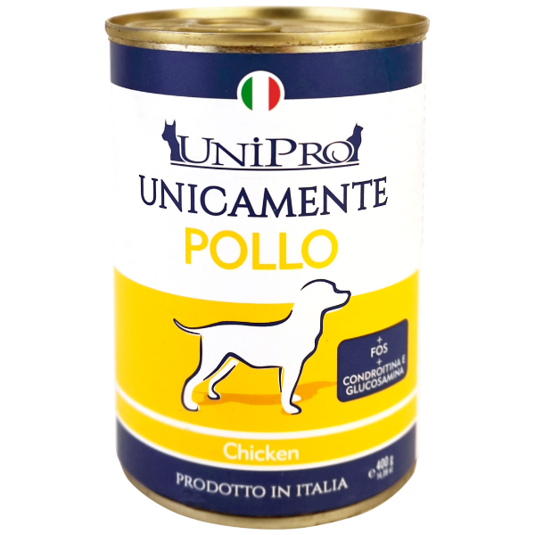 Image of Unipro Unicamente 400 gr - Pollo Confezione da 6 pezzi Monoproteico crocchette cani Cibo Umido per Cani