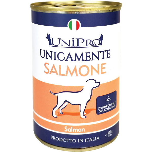 Image of Unipro Unicamente 400 gr - Salmone Confezione da 6 pezzi Monoproteico crocchette cani Cibo Umido per Cani