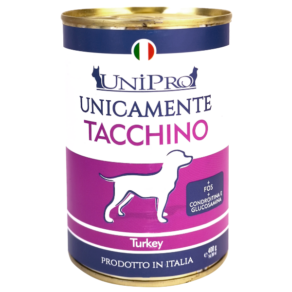 Image of Unipro Unicamente Dog Adult 400 gr - Tacchino Confezione da 6 pezzi Monoproteico crocchette cani Cibo Umido per Cani