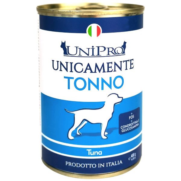 Image of Unipro Unicamente Dog Adult 400 gr - Tonno Confezione da 6 pezzi Monoproteico crocchette cani Cibo Umido per Cani