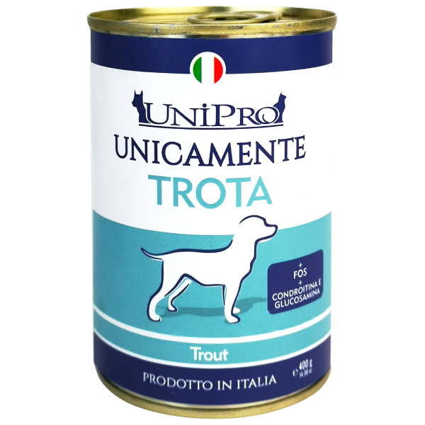 Image of Unipro Unicamente Dog Adult 400 gr - Trota Confezione da 6 pezzi Monoproteico crocchette cani Cibo Umido per Cani