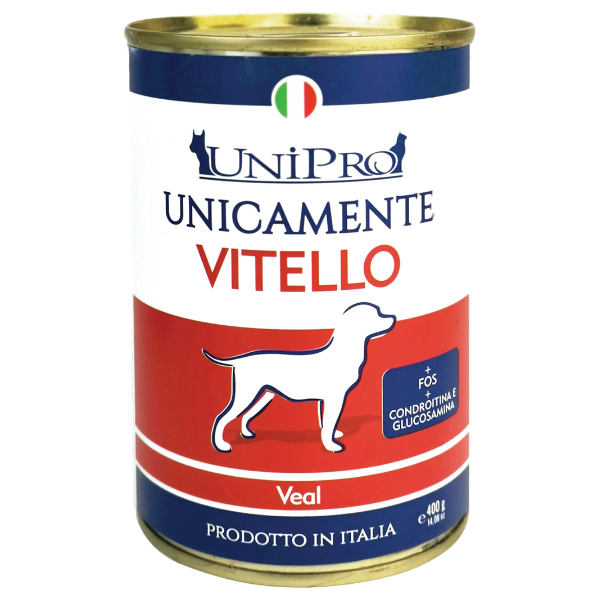 Image of Unipro Unicamente Dog Adult 400 gr - Vitello Confezione da 6 pezzi Monoproteico crocchette cani Cibo Umido per Cani