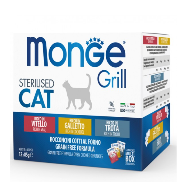 Image of Monge Grill Sterilised Adult Multipack 12x85 gr - Vitello - Galletto - Trota Cibo umido per gatti
