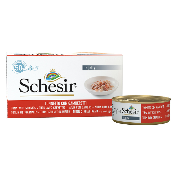 Image of Schesir Cat Multipack 6x50 gr - Tonnetto con Gamberetti Cibo umido per gatti