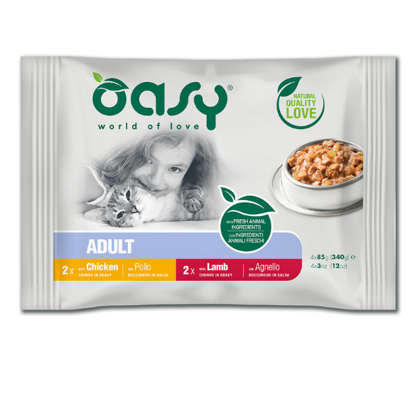 Image of Oasy Multipack Adult Bocconcini in salsa 4 x 85 gr - Carne pollo e agnello Cibo umido per gatti