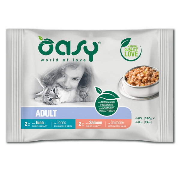 Image of Oasy Multipack Adult Bocconcini in salsa 4 x 85 gr - Pesce tonno e salmone Cibo umido per gatti