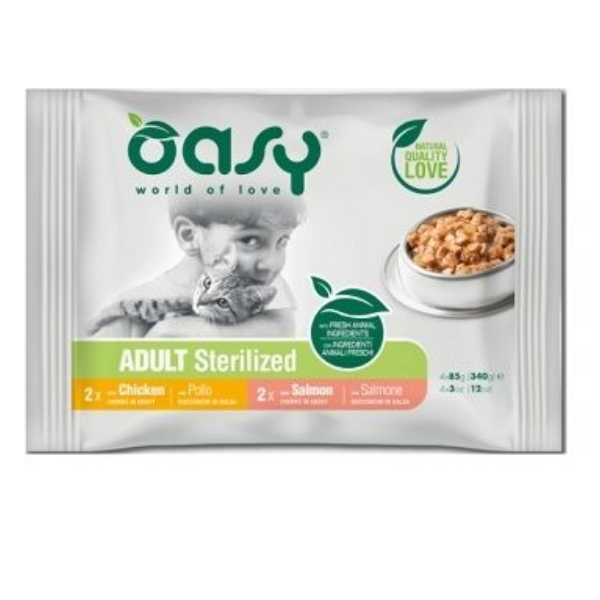 Image of Oasy Multipack Adult Bocconcini in salsa 4 x 85 gr - Sterilized pollo e salmone Cibo umido per gatti