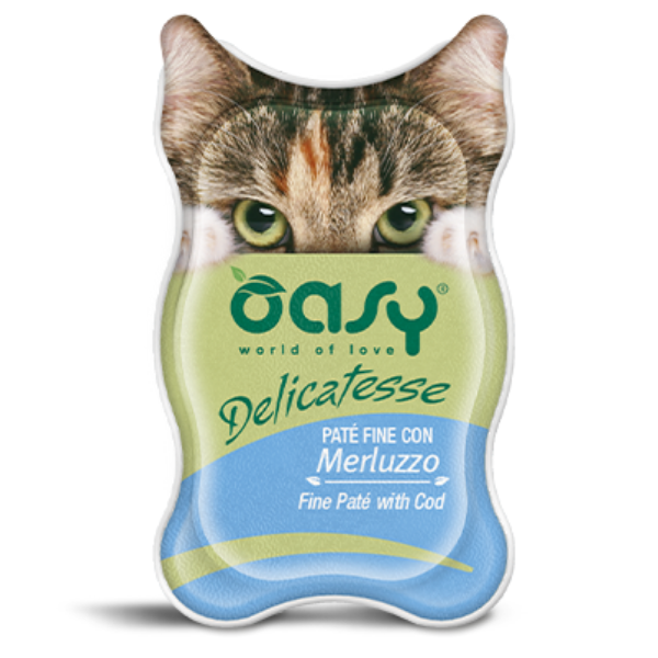 Image of Oasy Delicatesse 85 gr - Paté con Merluzzo Confezione da 18 pezzi Cibo umido per gatti