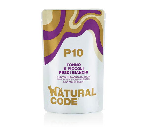 Image of Natural Code Adult Buste in Acqua di Cottura 70 gr - P10 - Tonno e Pesci Bianchi Confezione da 24 pezzi Cibo umido per gatti