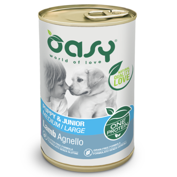 Image of Oasy Monoproteico Puppy & Junior Medium/Large 400 gr - Agnello Confezione da 12 pezzi Cibo Umido per Cani