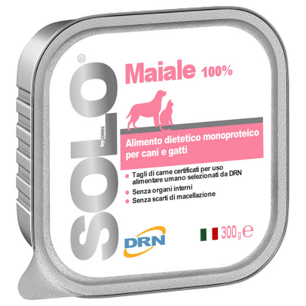 Image of DRN Solo alimento monoproteico cane e gatto 300 gr - Maiale Confezione da 6 pezzi Cibo umido per gatti