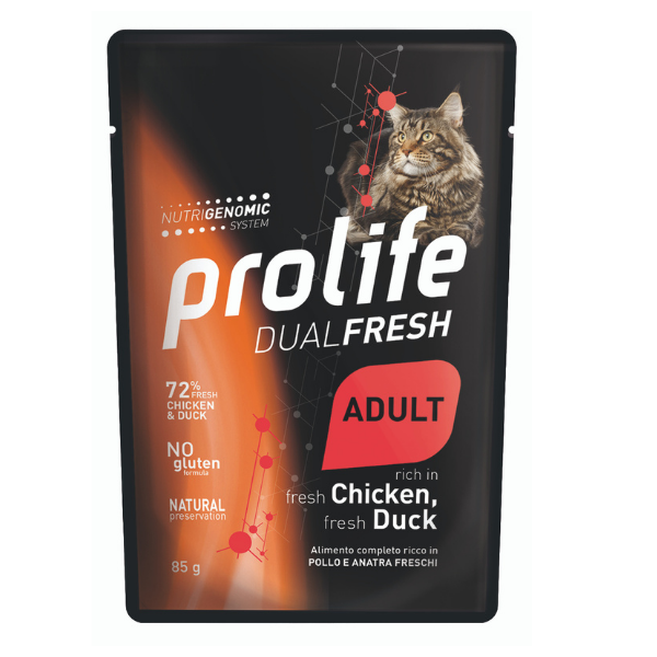 Image of Prolife Dual Fresh Gatto Adult Bustine 85 gr - Anatra e Pollo Confezione da 12 pezzi Cibo umido per gatti