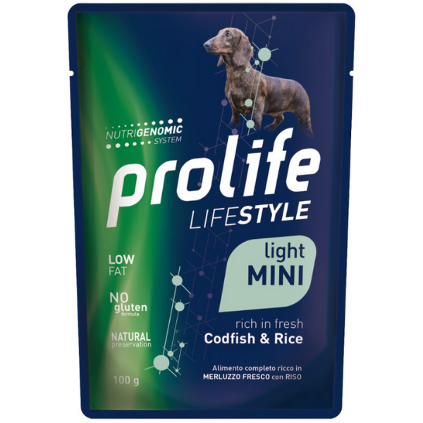 Image of Prolife Lifestyle Cane Adult Light Mini 100 gr - Merluzzo e riso Confezione da 10 pezzi Cibo Umido per Cani